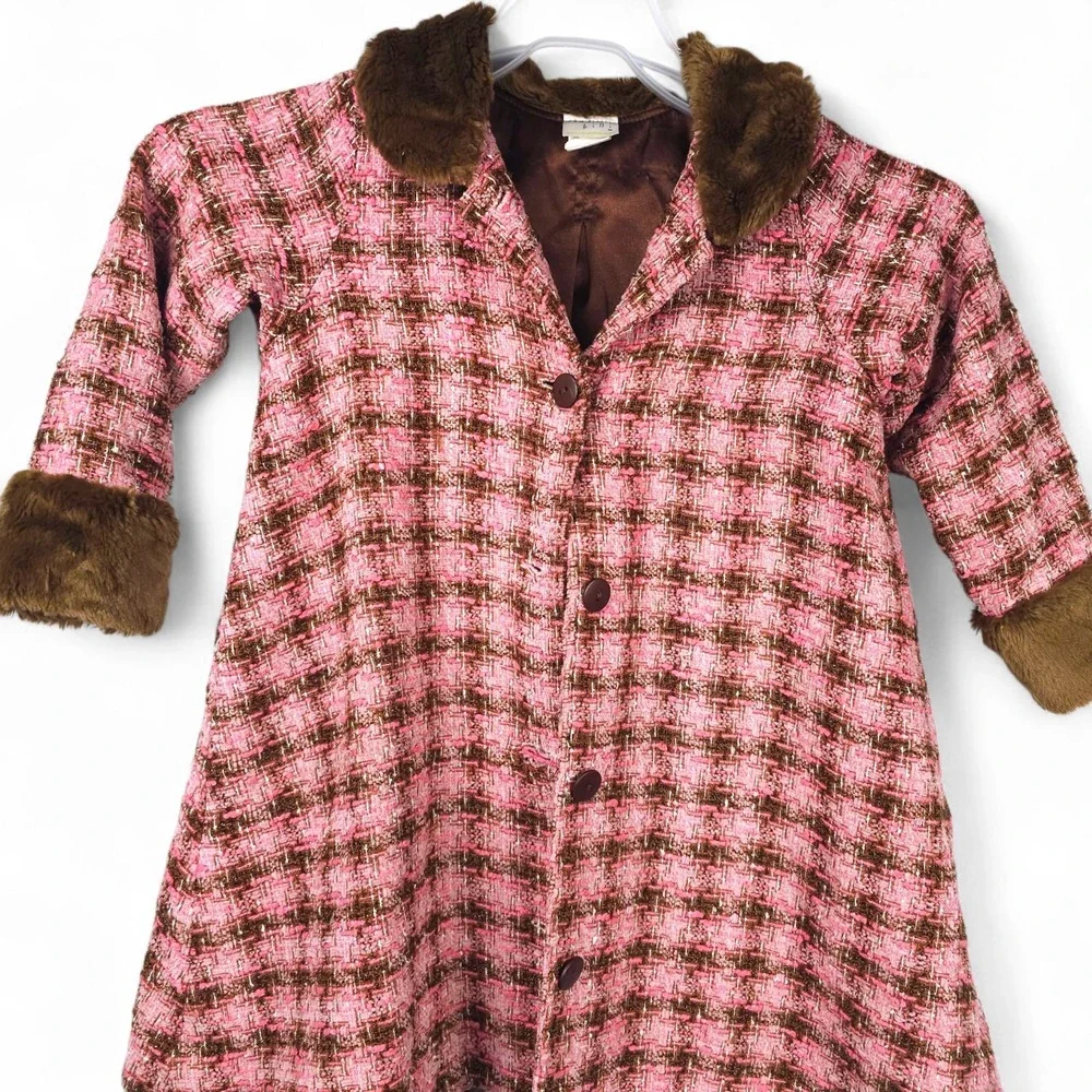 Studio Bini Vintage Girls 4T Pink Tweed Faux Fur Coat Jacket Brown USA
